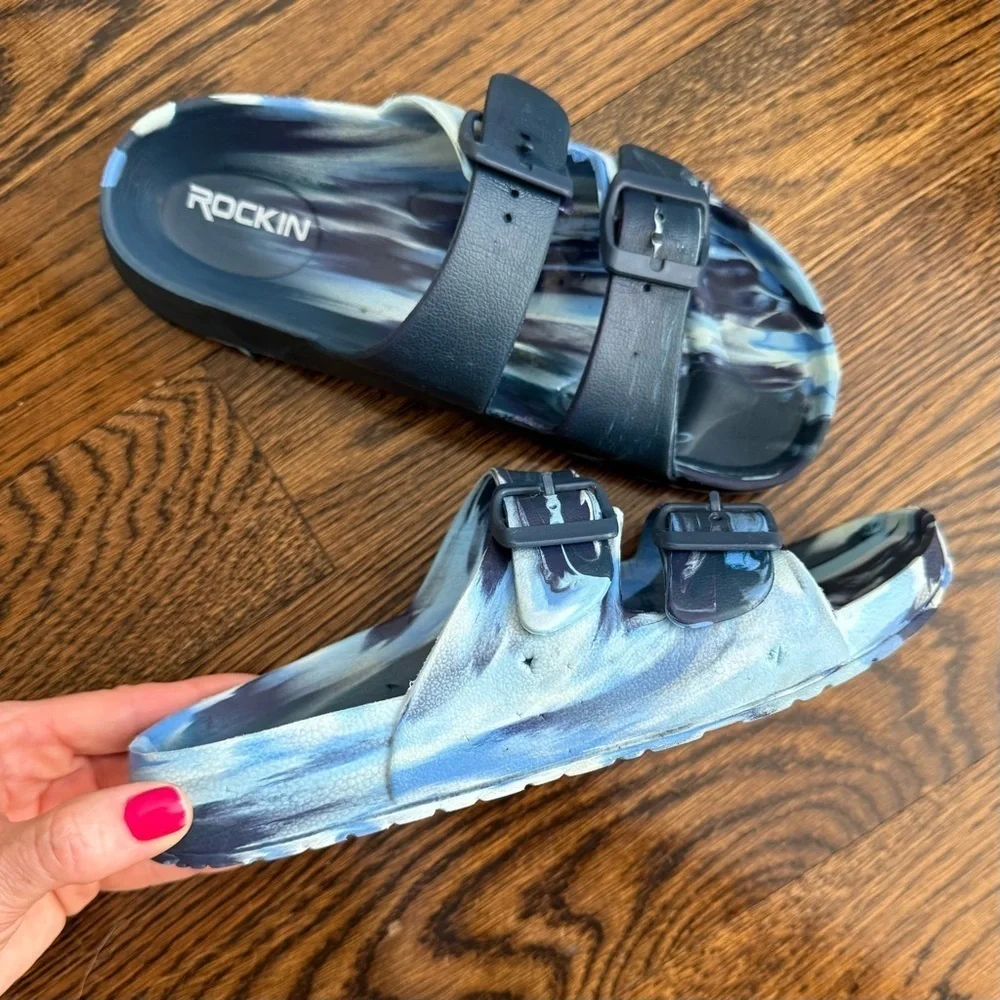 Rockin Blue Marble Double Buckle Slide Sandals Waterproof Beach Pool Shoes 6